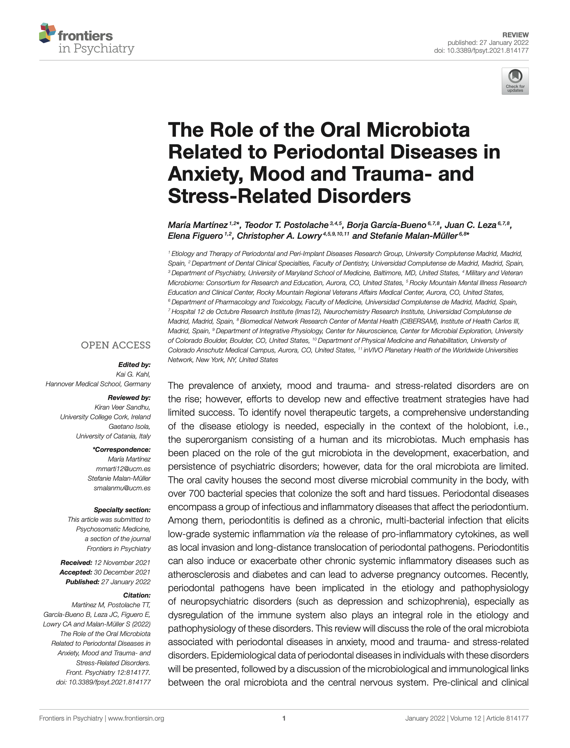 The Role of the Oral Microbiota Related to Periodontal Diseases in Anxiety Mood and Trauma- and Stress-Related Disorders