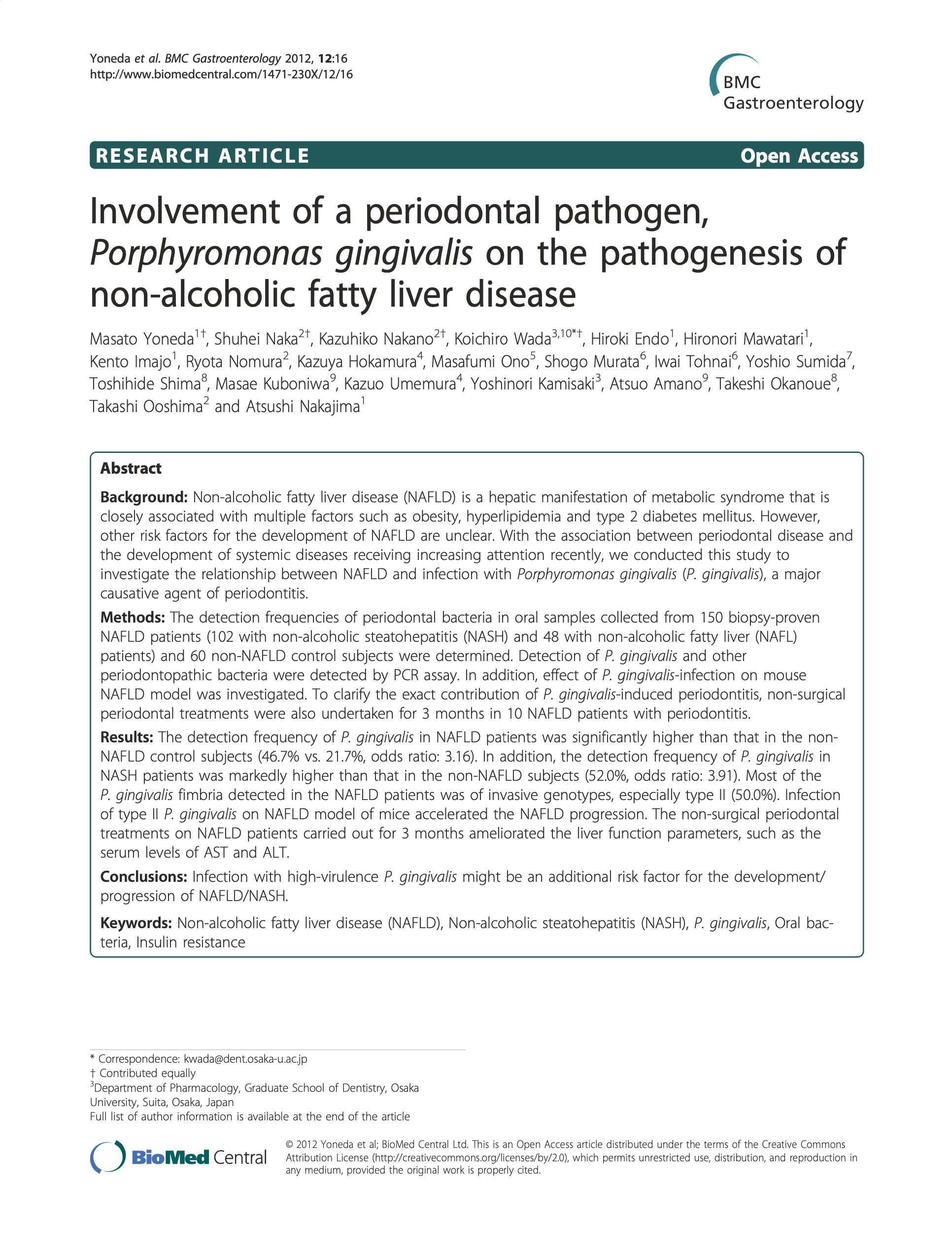 Involvement of a periodontal pathogen, Porphyromonas gingivalis on the pathogenesis of non-alcoholic fatty liver disease