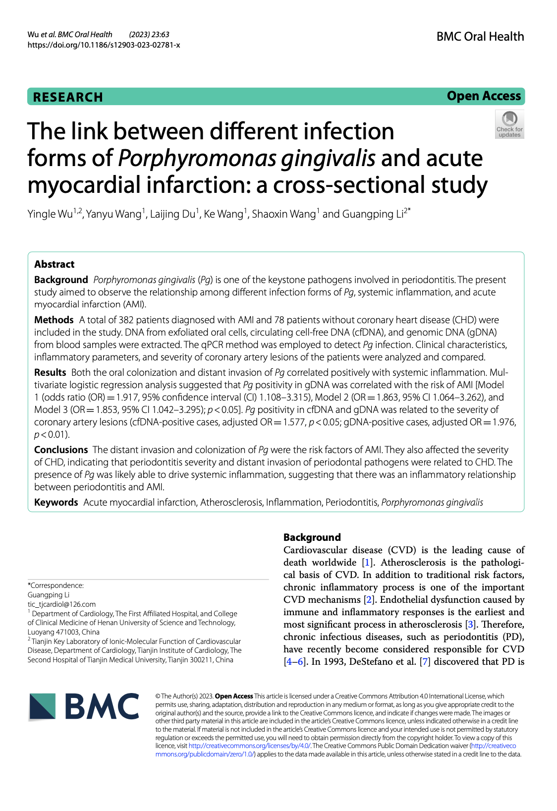 The link between different infection forms of Porphyromonas gingivalis and acute myocardial infarction: a cross-sectional study