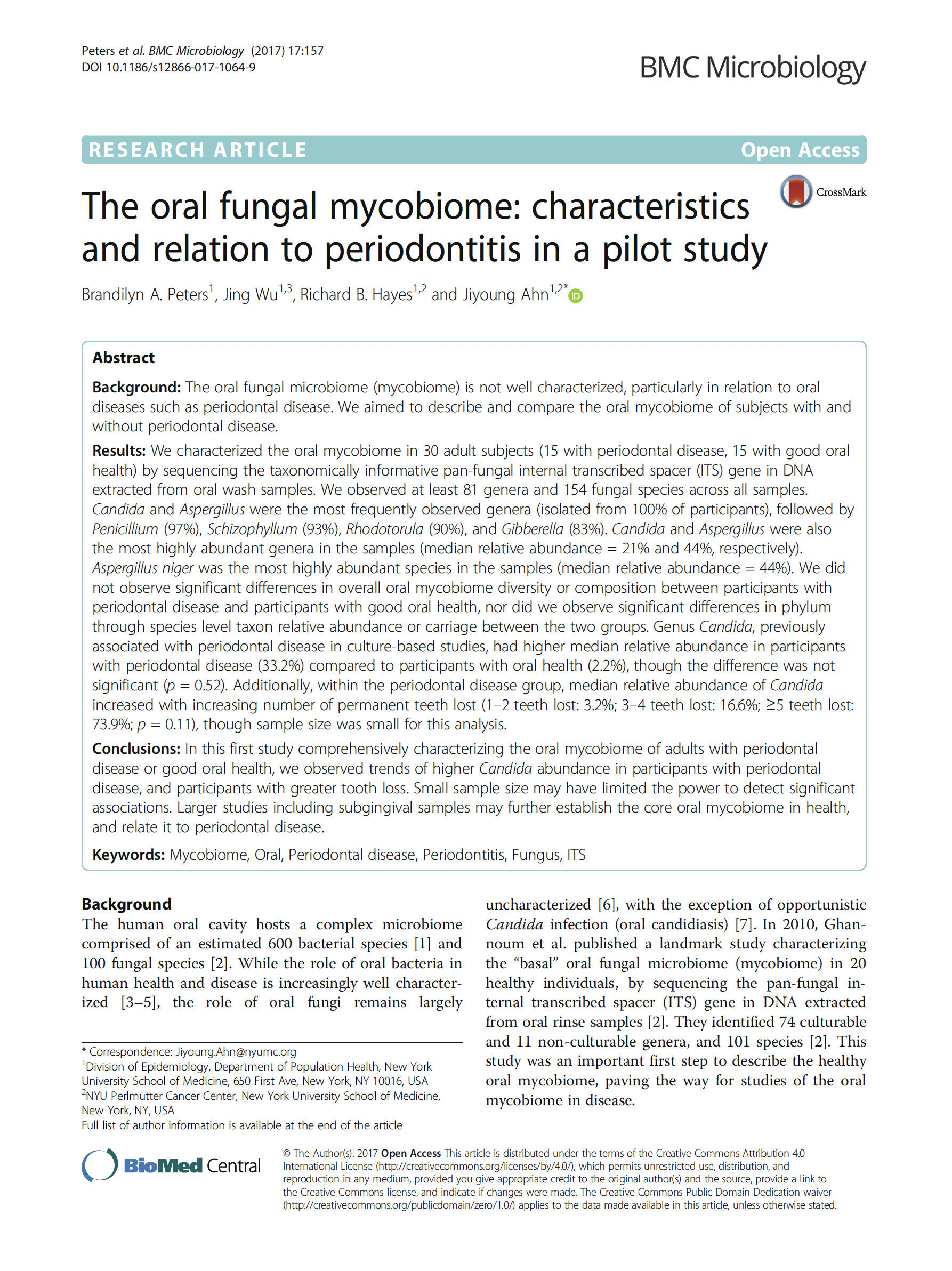 The oral fungal mycobiome-characteristics and relation to perio disease
